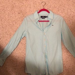 Plaid turquoise vineyard vines button down.